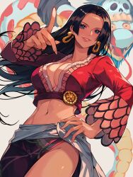 Rule 34 | 1girl, animal, black hair, blue eyes, boa hancock, breasts, cleavage, commentary request, crop top, earrings, highres, hime cut, jewelry, kurage20001, long hair, long sleeves, navel, one piece, pink lips, plunging neckline, pointing, pointing at viewer, red shirt, salome (one piece), sash, shirt, side slit, smile, snake, snake earrings, white sash