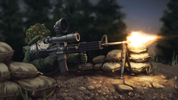 1girl absurdres aiming ammunition_pouch assault_rifle backpack bag bipod blurry blurry_background brown_gloves brown_helmet brown_jacket camouflage_netting chest_rig colt_automatic_rifle combat_helmet commentary commission english_commentary evening finger_on_trigger firing gloves grass green_eyes gun helmet highres jacket klamol light_machine_gun m16 m16a2 machine_gun magazine_(weapon) military muzzle_flash night_vision_device original outdoors pouch rifle sandbag scope shell_casing smoke solo tree weapon white_hair