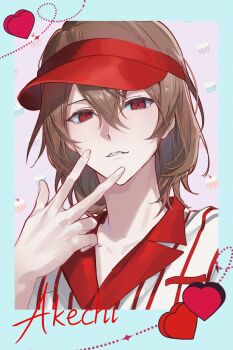 1boy akechi_gorou alternate_costume blue_border border brown_hair character_name collared_shirt commentary cupcake doran_(doran7280) employee_uniform english_text food hair_between_eyes hand_up hat heart highres looking_at_viewer male_focus medium_hair multicolored_shirt parted_lips persona persona_5:_dancing_star_night persona_dancing polo_shirt portrait red_eyes red_hat red_shirt shirt smile solo striped_clothes striped_shirt symbol-only_commentary upper_body v visor_cap white_shirt