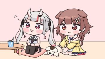 2girls :3 :d animal animal_ears bare_arms bare_shoulders black_bow black_necktie black_skirt black_thighhighs blush_stickers bone_hair_ornament bow braid brown_eyes brown_hair cartoon_bone chibi closed_mouth collared_shirt cup cushion dog dog_ears drinking_glass drinking_straw gradient_hair grey_hair hair_bow hair_ornament hololive horns indoors inugami_korone inugami_korone_(1st_costume) long_hair low_twintails mochimiko multicolored_hair multiple_girls nakiri_ayame nakiri_ayame_(streetwear) necktie no_shoes oni open_mouth pleated_skirt red_eyes red_hair red_socks shirt sitting skirt sleeveless sleeveless_shirt smile socks streaked_hair table thighhighs twin_braids twintails very_long_hair virtual_youtuber wariza white_shirt x_hair_ornament zabuton
