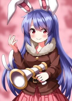 1girl alternate_costume animal_ears belt belt_buckle black_belt blurry blurry_background blush brown_jacket buckle closed_mouth commentary_request cowboy_shot eyes_visible_through_hair fur-trimmed_jacket fur_trim gun hand_up highres holding holding_gun holding_weapon jacket long_hair long_sleeves looking_at_viewer lunatic_gun pink_background pink_skirt purple_hair rabbit_ears rabbit_girl red_eyes reisen_udongein_inaba ruu_(tksymkw) skirt smile solo split_mouth standing touhou weapon
