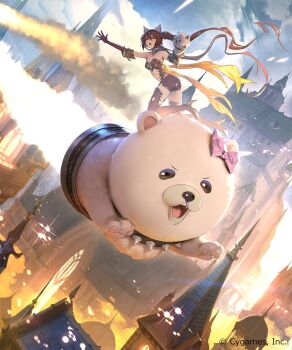 1girl 2others aiming aiming_at_viewer animal_ears animal_hands arm_up boots burning burning_building cerberus_(shingeki_no_bahamut) choker clothing_cutout coco_(cygames) company_name day dog_ears dog_girl fire floating hand_puppet high_heel_boots high_heels highres long_hair looking_at_viewer mimi_(cygames) multiple_others nanbo_ataru_(attall) navel navel_cutout object_focus official_art open_mouth outdoors puppet red_boots red_eyes red_hair shadowverse smoke solo_focus spiked_choker spikes teeth thigh_boots twintails upper_teeth_only very_long_hair