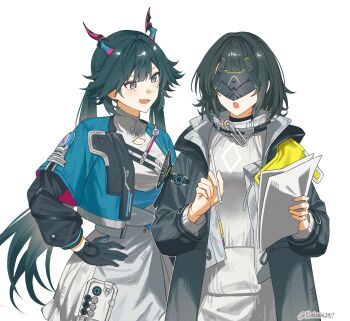 Rule 34 | 2girls, absurdres, aqua jacket, arknights, arknights: endfield, black coat, black gloves, black hair, black visor, chen qianyu (arknights), coat, commentary, dragon girl, dragon horns, eastern dragon horns, endministrator (arknights), female endministrator (arknights), gloves, grey shirt, grey skirt, grey sweater, highres, holding, holding paper, holding pencil, horns, jacket, looking at another, multiple girls, natsuki (2917), open clothes, open coat, open mouth, paper, pencil, shirt, simple background, skirt, sweater, symbol-only commentary, turtleneck, turtleneck sweater, twintails, white background