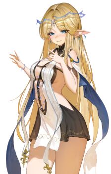 Rule 34 | 1girl, alternate breast size (larger), bare shoulders, black dress, blonde hair, blue eyes, breasts, cartethyia (wuthering waves), closed mouth, commentary, cowboy shot, dress, earrings, hands up, jewelry, long hair, looking at viewer, medium breasts, multiple earrings, pointy ears, sib (9obsl), sidelocks, simple background, smile, solo, tabard, tacet mark (wuthering waves), white background, white tabard, wuthering waves
