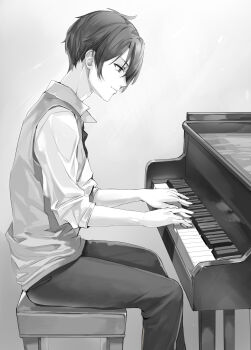 1boy absurdres collared_shirt commentary_request from_side grand_piano greyscale highres instrument kuze_masachika looking_down male_focus momoko_(momopoco) monochrome music novel_illustration official_art pants piano playing_instrument playing_piano school_uniform second-party_source shirt short_hair simple_background sitting sleeves_pushed_up smile solo sweater tokidoki_bosotto_roshia-go_de_dereru_tonari_no_alya-san wing_collar
