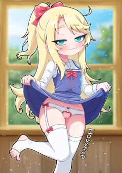 1girl :d absurdres artist_name blonde_hair blue_dress blurry blurry_background blush bow cleft_of_venus clothes_lift clothing_cutout crotch_cutout crotchless crotchless_panties depth_of_field dress dress_lift foot_out_of_frame garter_straps green_eyes hair_bow hassylep highres himesaka_noa indoors lifting_own_clothes loli long_hair long_sleeves no_shoes open_mouth panties pinafore_dress ponytail pussy pussy_cutout red_bow school_uniform shirt sleeveless sleeveless_dress smile solo standing standing_on_one_leg stirrup_legwear thighhighs toeless_legwear uncensored underwear very_long_hair watashi_ni_tenshi_ga_maiorita! white_shirt white_thighhighs window
