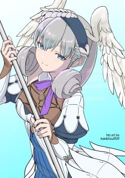 1girl artist_name blue_background blue_eyes breasts closed_mouth commentary_request curly_hair dress gradient_background grey_hair head_wings highres holding holding_staff karian909 long_hair medium_breasts melia_antiqua smile solo staff standing wings xenoblade_chronicles:_future_connected xenoblade_chronicles_(series) xenoblade_chronicles_1