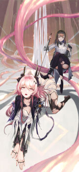 2girls absurdres all_fours arknights ass breasts brown_hair crossed_legs defeat femdom high_heels highres holding jewelry long_hair long_sleeves looking_at_viewer multiple_girls multiple_rings mumuy open_mouth pantyhose pink_eyes pink_hair ring shirt sitting theresa_(arknights) thighhighs thumb_ring torn_clothes white_shirt