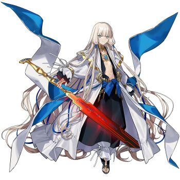 1boy androgynous black_robe black_shoes blonde_hair blush fate/grand_order fate_(series) floating floating_object floating_sword floating_weapon full_body game_cg gold_choker green_eyes highres itefu jewelry long_hair long_sleeves looking_at_viewer low-tied_sidelocks male_focus navel necklace nemo_(fate) noah_(fate) official_art pants pectorals ribbon robe shoes sidelocks solo standing sword tachi-e third-party_source toe_ring transparent_background very_long_hair weapon white_pants white_robe