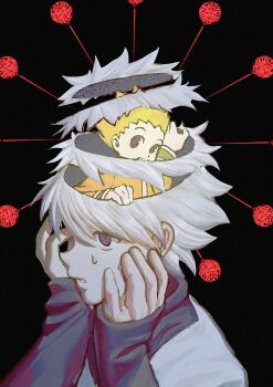 2boys @_@ alternate_size black_background black_shirt gon_freecss hand_on_own_face hands_up highres hole_in_head hunter_x_hunter killua_zoldyck layered_sleeves long_sleeves mini_person miniboy multiple_boys needle ricefield shirt short_hair short_over_long_sleeves short_sleeves solid_circle_pupils spiked_hair sweat upper_body white_hair white_shirt