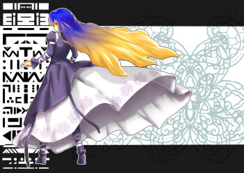 1girl absurdres akimegu_m blonde_hair commentary_request dress floral_print from_behind full_body gradient_hair high_heels highres hijiri_byakuren juliet_sleeves legs_apart long_hair long_sleeves multicolored_hair puffy_sleeves purple_hair revision shoes solo standing touhou two-tone_hair very_long_hair yellow_eyes