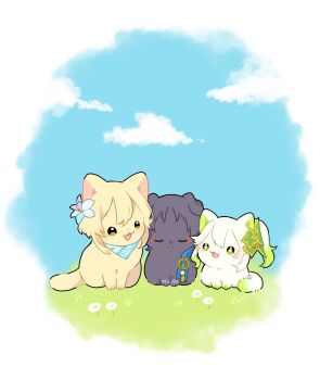 :3 animalization black_cat black_hair blonde_hair blue_cape blue_flower blue_gemstone blue_scarf blue_sky blue_trim cape cat closed_eyes cloud cloudy_sky eyeliner eyeshadow feathers floppy_ears flower gem genshin_impact grass green_hair hair_flower hair_ornament heart heart_hair_ornament highres lumine_(genshin_impact) makeup multicolored_flower multicolored_hair nahida_(genshin_impact) nasuka_gee no_humans on_grass open_mouth pom_pom_(clothes) red_eyeliner red_eyeshadow scaramouche_(genshin_impact) scarf side-by-side side_ponytail sidelocks sitting sky streaked_hair triangle_mouth vision_(genshin_impact) wanderer_(genshin_impact) white_cat white_flower white_hair white_scarf yellow_cat yellow_eyes yellow_feathers