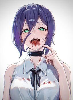 1girl absurdres black_choker black_ribbon blood blood_from_mouth blood_on_clothes blood_on_face chainsaw_man choker green_eyes grey_background hair_between_eyes highres looking_at_viewer neck_ribbon otsu_hai18 reze_(chainsaw_man) ribbon severed_tongue shirt sleeveless sleeveless_shirt solo white_shirt