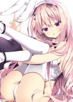 1girl alternate_costume animal_ear_hairband animal_ears black_bow black_bowtie blush bow bowtie breasts commentary_request d: detached_collar dutch_angle fake_animal_ears feet_out_of_frame furrowed_brow hair_between_eyes hairband hand_up harumi_ena highleg highleg_leotard highres hugging_own_legs knees_together_feet_apart leotard limelight_lemonade_jam long_hair looking_at_viewer medium_breasts open_mouth playboy_bunny rabbit_ear_hairband rabbit_ears red_eyes simple_background sitting solo strapless strapless_leotard sukonbu385 thighhighs thighs very_long_hair white_background white_hairband white_leotard white_thighhighs