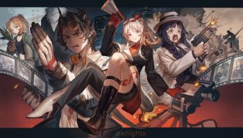 Rule 34 | 1boy, 2others, 3girls, absurdres, animal ears, ankle belt, arknights, asymmetrical clothes, asymmetrical footwear, black border, black footwear, black gloves, black hair, black jacket, black pants, blonde hair, blown away, blue eyes, blue nails, boots, border, braid, building, carrying, carrying under arm, cat ears, cat girl, character request, check character, chinese commentary, chongyue (all-round actor) (arknights), chongyue (arknights), collared jacket, colored extremities, commentary, crop top, curtained hair, debris, doctor (arknights), dragon boy, dragon girl, dragon horns, explosion, eyewear on head, fighting stance, film reel, firing, glasses, gloves, green eyes, green jacket, gun, hair over shoulder, handgun, hat, headphones, headphones around neck, high heels, high ponytail, highres, holding, holding gun, holding megaphone, holding plant, holding weapon, horns, jacket, jessica (arknights), jessica the liberated (arknights), jessica the liberated (ride to davistown) (arknights), letterboxed, long hair, looking at viewer, martial arts, mauser c96, megaphone, misfire (weapon), mismatched footwear, mole, mole under eye, movie camera, multicolored jacket, multiple girls, multiple others, nail polish, nian (arknights), nian (thunderbolt director) (arknights), night, orange nails, outside border, pants, parted bangs, parted lips, pince-nez, pinecone (arknights), plant, pointy ears, ponytail, potted plant, purple eyes, red eyes, red hands, shiny footwear, shirt, single bare leg, single pantsleg, sky, skyscraper, slit pupils, smile, suit jacket, sunglasses, trilby, two-tone gloves, two-tone jacket, undershirt, very long hair, wangmou zilaojuan, weapon, white footwear, white gloves, white hair, white hat, white jacket, white shirt