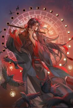 1boy ahoge bird black_bird black_hair black_hanfu blurry blurry_foreground chenqing_flute chinese_clothes crow dizi floating_hair flute flute_tassel hair_down hair_ribbon half_updo hands_up hanfu highres holding holding_flute holding_instrument instrument long_hair long_sleeves looking_at_viewer magic_circle male_focus modao_zushi music official_alternate_hairstyle parted_lips playing_flute playing_instrument red_eyes red_ribbon red_sash ribbon robe sash sidelocks smile solo standing tassel transverse_flute wei_wuxian wei_wuxian_(yiling_laozu) wide_sleeves ymggklk0810