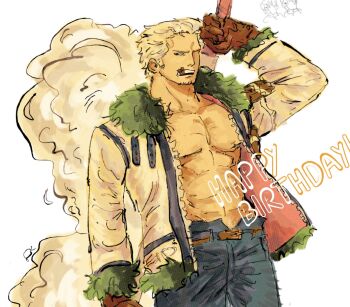 Rule 34 | 1boy, abs, brown gloves, cigar, commentary, cowboy shot, fur-trimmed jacket, fur trim, gloves, happy birthday, highres, holding, jacket, kidlawz, male focus, one piece, open clothes, open jacket, sideburns, simple background, smoke, smoker (one piece), solo, white hair