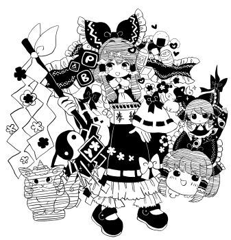 Rule 34 | 1girl, ascot, bomb item (touhou), bottle, bow, box, commentary request, detached sleeves, donation box, frilled bow, frilled hair tubes, frilled skirt, frills, full body, fumo (doll), gohei, greyscale, hair bow, hair tubes, hakurei reimu, highres, holding, holding gohei, komano aunn, komano aunn (komainu), long hair, looking at viewer, masu, mensoreimuremu, monochrome, needle, open mouth, orb, point item (touhou), power item (touhou), ribbon-trimmed skirt, ribbon-trimmed sleeves, ribbon trim, shoes, skirt, smile, throwing needles, touhou, translation request, yin yang, yin yang orb, yukkuri shiteitte ne