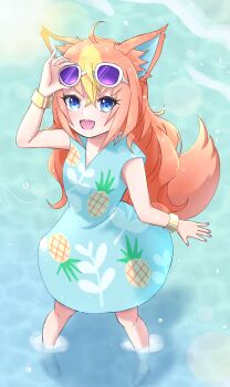 Rule 34 | 1girl, animal crossing, animal ears, animification, audie (animal crossing), blonde hair, eyewear on head, highres, humanization, looking at viewer, nintendo, open mouth, orange hair, personification, pineapple print, purple-tinted eyewear, raid (minmiru), smile, sunglasses, tinted eyewear, wolf ears, wolf girl