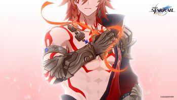 1boy armlet armor blonde_hair commentary copyright_name copyright_notice english_commentary eyes_out_of_frame gauntlets gradient_hair hand_over_heart head_out_of_frame highres honkai:_star_rail honkai_(series) jewelry multicolored_hair mydei_(honkai:_star_rail) necklace official_art orange_ribbon pauldrons red_hair ribbon shoulder_armor single_pauldron solo straight-on string string_of_fate tattoo upper_body vambraces