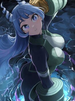 Rule 34 | 1girl, absurdres, ass, blue bodysuit, blue eyes, blue hair, bodysuit, boku no hero academia, breasts, drill hair, fengling (furin-jp), gloves, green bodysuit, hado nejire, hair horns, highres, large breasts, long hair, looking at viewer, multicolored bodysuit, parted lips, skin tight, solo, superhero costume, twin drills, very long hair, yellow gloves