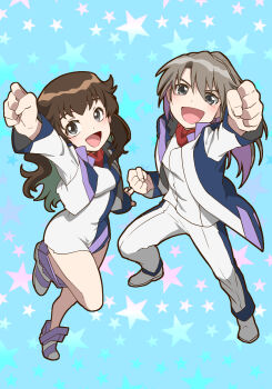 Rule 34 | 1boy, 1girl, :d, alvis uniform, ankle boots, arm up, ascot, blue background, boots, brown eyes, brown hair, colored inner hair, commentary request, cropped jacket, dress, full body, grey eyes, highres, hino miwa, jacket, long hair, looking at viewer, minashiro soushi (2), multicolored hair, nagi (exsit00), open clothes, open jacket, open mouth, pants, ponytail, red ascot, short dress, smile, soukyuu no fafner, standing, standing on one leg, star (symbol), star symbol background, vest