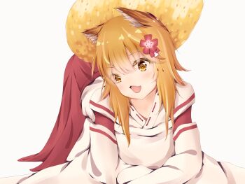 1girl alternate_body_size animal_ear_fluff animal_ears apron blonde_hair blush breasts fang flower fox_ears fox_tail hair_flower hair_ornament highres japanese_clothes miko open_mouth quality ribazou senko_(sewayaki_kitsune_no_senko-san) sewayaki_kitsune_no_senko-san simple_background skin_fang tail white_background