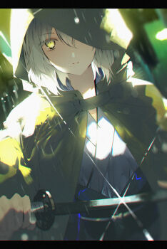 1girl absurdres cape fate_(series) hair_between_eyes highres holding holding_sword holding_weapon hood hood_up hooded japanese_clothes katana kimono koha-ace leo_(feeling_goooood) long_hair night okita_souji_(fate) okita_souji_(koha-ace) outdoors rain sheath silver_hair solo sword unsheathing upper_body weapon white_kimono yellow_eyes