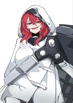 armor cloak goddess_of_victory:_nikke highres hood hooded_cloak nihilister_(nikke) red_eyes short_hair shoulder_armor smile straps_across_chest white_cloak