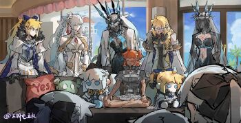 6+girls aesc_(fate) aesc_(rain_witch)_(fate) aesc_(savior)_(fate) ahoge armor armored_dress bare_shoulders bikini black_bow black_dress black_fur black_gloves black_veil blonde_hair blue_eyes blush bow braid braided_bun breastplate breasts cape casting_couch chaldea_logo character_doll cleavage cloak clothing_cutout collar couch crown detached_sleeves doll dress fate/apocrypha fate/grand_order fate_(series) flower fujimaru_ritsuka_(female) fujimaru_ritsuka_(female)_(polar_chaldea_uniform) fur-trimmed_cape fur-trimmed_cloak fur_trim glasses gloves gold_trim green_eyes grey_hair hair_bow hair_bun hair_flower hair_ornament hair_ribbon hair_scrunchie half_up_braid highres imminent_gangbang indian_style large_breasts long_hair long_sleeves meme mogukong_1238 morgan_le_fay_(fate) morgan_le_fay_(fate/apocrypha) morgan_le_fay_(queen_of_winter)_(fate) morgan_le_fay_(water_princess)_(fate) multicolored_cloak multiple_girls multiple_persona on_couch one_side_up open_mouth orange_hair piper_perri_surrounded_(meme) ponytail ribbon robe round_eyewear scene_reference scrunchie short_hair side_ponytail sidelocks sitting skirt smile spiked_armor spikes stomach_cutout stomach_tattoo stuffed_toy surrounded swimsuit tattoo two-sided_bow two-tone_dress two-tone_sleeves veil very_long_hair white_bikini white_cape white_cloak white_hair white_robe wide_brim yellow_scrunchie you_gonna_get_raped yuri