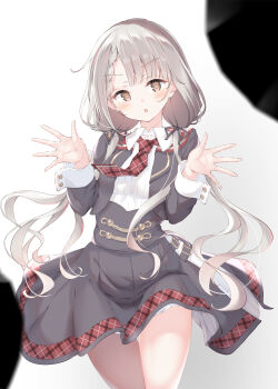 Rule 34 | 1girl, absurdres, black jacket, black ribbon, black skirt, black umbrella, blurry, blurry foreground, blush, bow, breasts, cowboy shot, dot nose, grey hair, hair bow, hair ribbon, hands up, highres, hisakawa nagi, idolmaster, idolmaster cinderella girls, idolmaster cinderella girls starlight stage, jacket, long hair, long sleeves, looking at viewer, low twintails, necktie, open clothes, open hands, open jacket, open mouth, plaid clothes, plaid necktie, plaid trim, pleated skirt, red necktie, ribbon, shirt, skirt, small breasts, solo, standing, twintails, ukiwakisen, umbrella, v-shaped eyebrows, very long hair, white background, white shirt