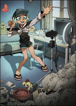 1girl @_@ agent_3_(splatoon_3) aqua_eyes aqua_hair aqua_hat aqua_tongue arm_up baseball_cap bed black_hat blanket bowl box bug camera cardboard_box chickenapple33 clock coffee_mug colored_sclera commentary cropped_jacket cup dark_skin english_text fang fish flip-flops fly footstool full_body hat heart highres indoors inkling insect computer_keyboard lamp litter medicine monitor computer_mouse mug nintendo nintendo_switch octoling_girl octoling_player_character open_box open_mouth pet_bowl power_strip red_eyes red_hair sandals self-harm_scar short_shorts shorts single_tooth smallfry_(splatoon) solo speaker splatoon_(series) squid stuffed_toy tape trash trash_bag two-tone_hat v wall_clock window yellow_sclera