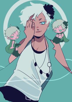 1girl absurdres aqua_background aqua_eyes aqua_jacket black_boots black_flower black_skirt blush blush_stickers boots bright_pupils chaie closed_mouth commentary fingernails flower hair_flower hair_ornament hand_over_eye highres jacket jewelry kyokugen_dasshutsu kyokugen_dasshutsu_adv:_zennin_shibou_desu multiple_views necklace one_eye_covered open_clothes open_jacket phi_(kyokugen_dasshutsu) shirt short_hair simple_background skirt sleeveless sleeveless_jacket sleeveless_shirt smile symbol-only_commentary very_short_hair white_hair white_pupils white_shirt