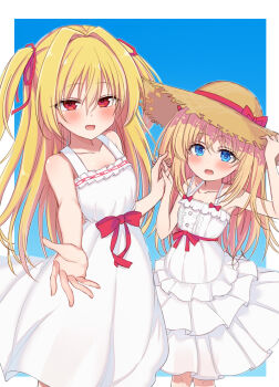 2girls :d bare_shoulders blonde_hair blue_background blue_eyes blush border bow breasts center_frills child collarbone commission cowboy_shot dress dress_bow frilled_dress frills hair_between_eyes hair_intakes hair_ribbon hand_on_headwear hands_up hat highres holding_hands interlocked_fingers irotoridori_no_hikari irotoridori_no_sekai long_dress long_hair looking_at_viewer medium_dress multiple_girls nikaidou_ai nikaidou_shinku nonono_mino open_mouth outside_border outstretched_hand pleated_dress reaching reaching_towards_viewer red_bow red_eyes red_ribbon ribbon siblings sidelocks simple_background sisters skeb_commission sleeveless sleeveless_dress small_breasts smile straight_hair sun_hat sundress tsurime two_side_up very_long_hair white_border white_dress
