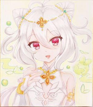 Rule 34 | 1girl, :d, antenna hair, bare shoulders, bridal gauntlets, cleavage cutout, clothing cutout, commentary request, cone hair bun, dress, grey hair, hair between eyes, hair bun, hand up, kokkoro (princess connect!), looking at viewer, open mouth, photo (medium), princess connect!, red eyes, shikishi, sleeveless, sleeveless dress, smile, solo, terimuku, traditional media, white dress