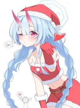 1boy 1girl alternate_costume bare_shoulders belt blowing_kiss blue_archive blue_hair blue_halo blunt_bangs blush braid breasts brown_belt center-flap_bangs chise_(blue_archive) cleavage collarbone commentary cowboy_shot crop_top demon_girl demon_horns doodle_sensei_(blue_archive) fur-trimmed_headwear fur-trimmed_skirt fur_trim halo hand_up hat heart highres horns leaning_forward long_hair looking_at_viewer low_twintails midriff miniskirt navel oni open_hand pom_pom_(clothes) puckered_lips red_eyes red_hat red_skirt santa_costume santa_hat sensei_(blue_archive) simple_background skin-covered_horns skirt small_breasts solo_focus speech_bubble spoken_heart twin_braids twintails very_long_hair white_background yamichi_(yamichi8369)