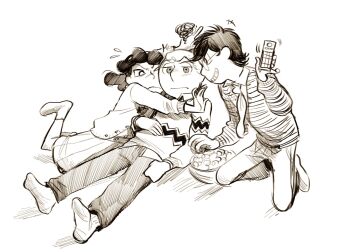 1girl 2boys aged_up black_hair blonde_hair bowl brother_and_sister charlie_brown commentary controller dubu274611 english_commentary glasses grin highres holding holding_remote_control hug kneeling linus_van_pelt long_skirt lucy_van_pelt multiple_boys necktie peanuts_(comic) remote_control short_hair siblings skirt smile socks sweater