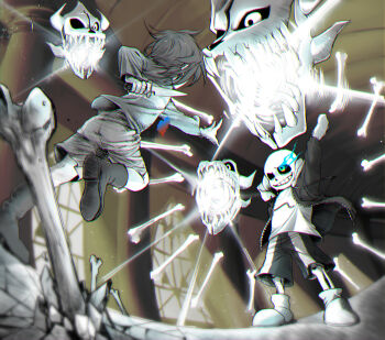 1boy 1other ahin_vpv battle black_shorts bone frisk_(undertale) grin hallway heart highres holding holding_knife jacket knife running sans_(undertale) shoes short_hair shorts slippers smile sweater teeth undertale utdr_(toby_fox)