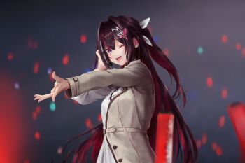 1girl ;d azki_(4th_costume)_(hololive) azki_(hololive) black_hair blurry blurry_background blurry_foreground brown_jacket colored_inner_hair commentary_request depth_of_field dress fang glowstick hair_intakes hair_ornament hairclip half_updo headset highres hololive jacket lips long_hair long_sleeves makino_hazuki_(s001_hazuki) mole mole_under_eye multicolored_hair music official_alternate_costume one_eye_closed open_mouth outstretched_arm penlight_(glowstick) pink_hair pink_lips ponytail purple_eyes reaching short_ponytail sidelocks singing smile solo stage streaked_hair upper_body very_long_hair virtual_youtuber white_dress white_hair