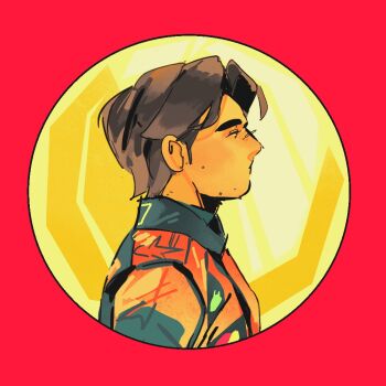 Rule 34 | 1boy, brown eyes, brown hair, closed mouth, coin, commentary, english commentary, expressionless, formula one, from side, gold coin, looking ahead, male focus, no sclera, nose, oscar piastri, profile, racing suit, real life, red background, short hair, simple background, sog goog, solo