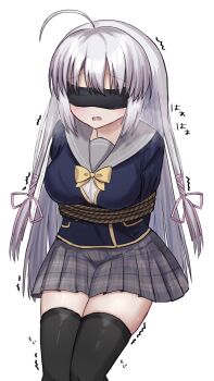Rule 34 | 1girl, ahoge, arms behind back, ayachi nene, bdsm, black jacket, black thighhighs, blindfold, blush, bound, bound torso, bow, breasts, commentary, curvy, drooling, facing viewer, feet out of frame, grey hair, grey sailor collar, grey skirt, hair between eyes, hair ribbon, heavy breathing, highres, huge ahoge, jacket, large breasts, long hair, mahigu re, miniskirt, mouth drool, open mouth, pink ribbon, plaid clothes, plaid skirt, pleated skirt, ribbon, sailor collar, sanoba witch, school uniform, serafuku, shibari, shiny skin, simple background, sitting, skirt, solo, straight hair, sweat, thighhighs, thighs, twitching, very long hair, wavy mouth, white background, yellow bow, zettai ryouiki