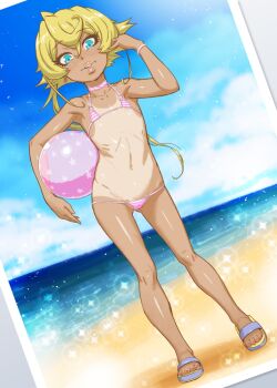 1girl ahoge ball bare_arms bare_legs bare_shoulders bikini bird blonde_hair blue_eyes choker day dutch_angle earrings feet female_focus flat_chest full_body hair_between_eyes jewelry loli micro_bikini navel o-ring o-ring_bikini one-piece_swimsuit one-piece_tan outdoors photo_(object) ponytail sandals seagull shiny_skin sky solo sparkle standing star_(symbol) star_print striped_bikini striped_clothes swimsuit tan tanline tanya_degurechaff tenseiani thick_lips toes youjo_senki