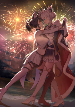 2girls absurdres aerial_fireworks animal_ear_fluff animal_ears asymmetrical_legwear black_gloves black_thighhighs blue_cape blue_dress blush braid breasts bun_with_braided_base cape closed_mouth crown dancing dress fireworks fox_ears fox_girl fox_tail fur-trimmed_cape fur_trim gloves hand_on_another&#039;s_back highres holding_hands hololive large_breasts long_hair long_sleeves looking_at_another mini_crown multiple_girls official_alternate_costume official_alternate_hairstyle ookami_mio rimudoya shirakami_fubuki shirakami_fubuki_(fbkingdom) shorts shorts_under_skirt smile tail thighhighs very_long_hair virtual_youtuber white_dress white_gloves white_thighhighs wolf_ears wolf_girl wolf_tail