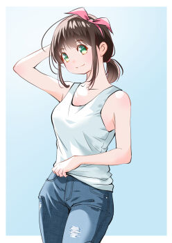 Rule 34 | 1girl, arm up, bare shoulders, blue background, blue pants, border, bow hairband, brown hair, denim, green eyes, hairband, jeans, original, outside border, pants, pink hairband, ponytail, shirt, sidelocks, simple background, sleeveless, sleeveless shirt, solo, standing, torn clothes, torn jeans, torn pants, white border, white shirt, yamanaka kouji (yanchiki2001)