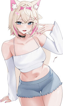 1girl :d absurdres alternate_breast_size_(larger) animal_ear_fluff animal_ears bandaid bandaid_hair_ornament black_collar blonde_hair blue_eyes breasts camisole collar commentary cowgirl_position crop_top crossed_bangs detached_sleeves dog_ears dog_girl dog_tail double-parted_bangs english_commentary fake_horns hair_between_eyes hair_intakes hair_ornament hairband hand_up highres hololive hololive_english horn_hairband horns looking_at_viewer medium_breasts midriff mococo_abyssgard multicolored_hair nail_polish navel open_mouth pink_hair pink_hairband pink_nails pink_streaks pynkmouth short_hair short_shorts shorts simple_background smile solo straddling straight-on streaked_hair tail teeth thigh_gap two_side_up upper_teeth_only virtual_youtuber white_background white_camisole white_sleeves x_hair_ornament