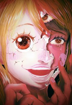 1girl brown_eyes brown_hair charlotte_pudding commentary cracked_kawaii_mask cracked_mask crying crying_with_eyes_open distress english_commentary extra_eyes eyelashes highres kaibutsu333 long_hair mask one_piece portrait solo tears