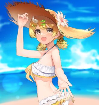 1girl bare_arms bare_shoulders beach bikini blonde_hair blue_sky blurry blurry_background commentary_request commission flower grey_eyes hat hat_flower highres indie_virtual_youtuber kishiro_lemo_(vtuber) looking_at_viewer low_twintails medium_hair multicolored_eyes ocean open_mouth outdoors reaching reaching_towards_viewer second-party_source sky smile solo straw_hat sun_hat susisanta0707 swimsuit twintails upper_body virtual_youtuber white_bikini yellow_eyes