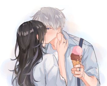 Rule 34 | 1boy, 1girl, 4aftrnoon, absurdres, black hair, blue eyes, collared shirt, commentary, couple, english commentary, grey hair, hand on another's neck, hetero, highres, holding, holding ice cream cone, ice cream cone, jewelry, kiss, light blush, long hair, looking at another, love and deepspace, protagonist (love and deepspace), ring, shirt, shirt under shirt, short hair, short sleeves, twitter username, upper body, white background, white shirt, xavier (love and deepspace)