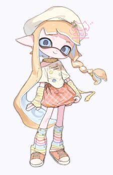 Rule 34 | 1girl, 1n0chi, arm warmers, beret, blonde hair, blue eyes, blue leg warmers, braid, closed mouth, eyebrow cut, full body, green leg warmers, hair ornament, hat, hat ornament, highres, inkling, inkling girl, inkling player character, leg warmers, long hair, long pointy ears, looking at viewer, multicolored leg warmers, nintendo, orange shoes, orange skirt, pink leg warmers, plaid clothes, plaid skirt, pointy ears, polka dot, polka dot scarf, purple leg warmers, red leg warmers, ringed eyes, scarf, shirt, shoes, short sleeves, single braid, single off shoulder, skirt, skirt hold, smile, sneakers, solo, splatoon (series), standing, star (symbol), star hair ornament, star hat ornament, striped arm warmers, striped leg warmers, t-shirt, tentacle hair, two-tone arm warmers, very long hair, white arm warmers, white leg warmers, yellow arm warmers, yellow hat, yellow leg warmers, yellow scarf, yellow shirt