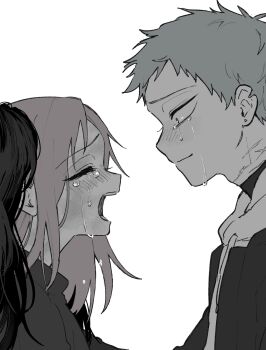 1boy 1girl alien_stage black_hair commentary crying grey_hair highres hood hoodie jacket long_hair mizi_(alien_stage) open_mouth pink_hair scar scar_on_neck short_hair tears till_(alien_stage) very_short_hair wata_gumo259 wig